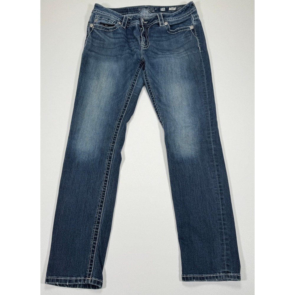 Miss Me Mid Rise Skinny Jeans Women's 31 32x28 Dark Wash Embroidered Denim